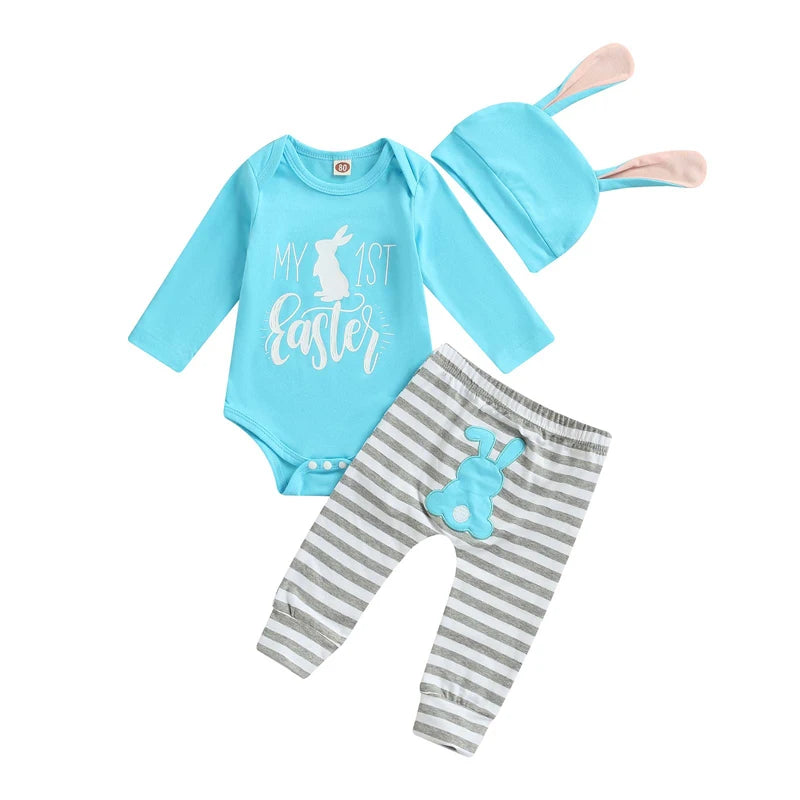 Adorable Infant Easter Outfit 3-Piece Bundle Cute Bunny Print Bodysuit Matching Striped Bottoms Bunny Ear Beanie