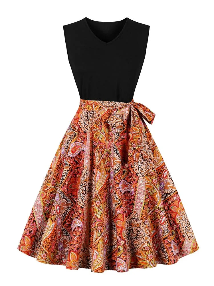 Retro Vintage Women's Summer Dress V-Neck Sleeveless High Waist Chic Floral Print with Belt 50s Style