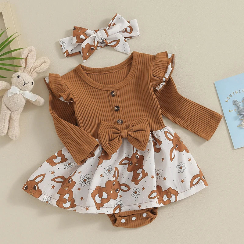 Toddler Easter Dress Short Sleeve Floral Print A-line Romper with Bunny Ear Headband Set for Baby Girls Spring Outfit