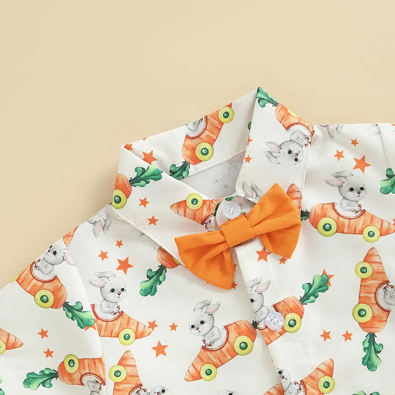 Toddler Boy Easter Outfit Bunny Rabbit Print Short Sleeve Button-up Shirt with Bowtie and Solid Shorts 2 Piece Set - Spring