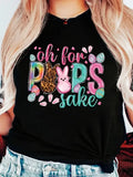 Plus Size Women's Easter Casual T-Shirt, Cartoon \u0026 Letter Print Short Sleeve Tee with Slight Stretch
