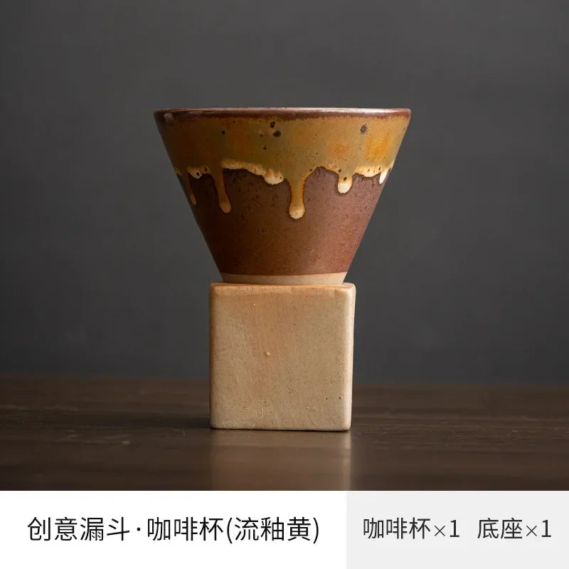 Coarse Pottery Creative Coffee Cup with Base Japanese Retro Conical Ceramic Cups Minimalist Latte Mug  Stoneware Master Teacup