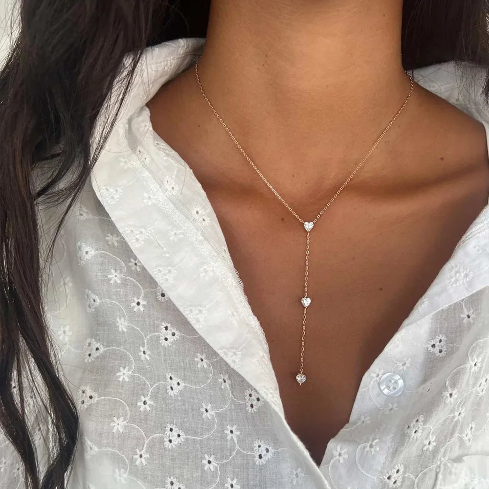 Stonefans Simple Metal Chain Heart Necklace Crystal Jewelry for Women Fashion Y Shape Neckalce Thin Chain Choker Accessories