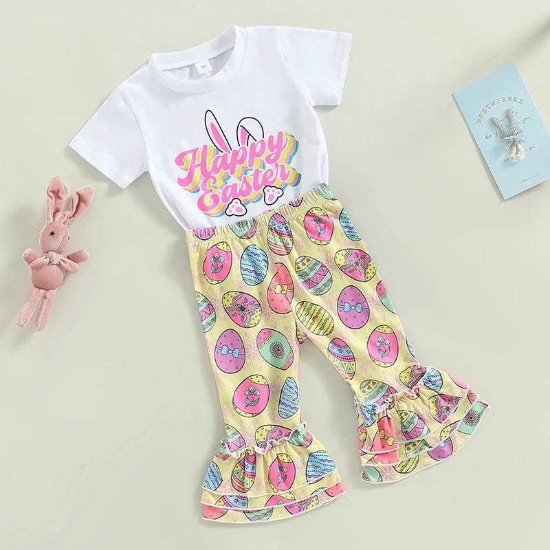 Easter Outfits Set Bunny Print Short Sleeve T-Shirts and Carrot Print Pants 2Pcs Sets for Toddler Kids Easter Party Wear