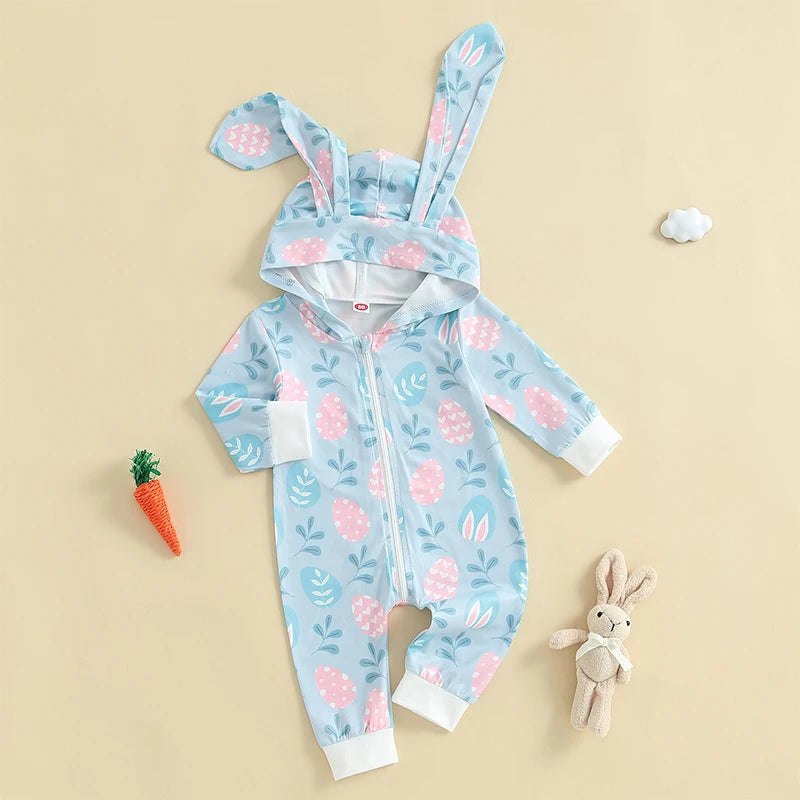 Easter Bunny Print Cotton Blend Long Sleeve Rompers for Infant Boys and Girls Hooded Spring Bodysuits with Cute Rabbit Design