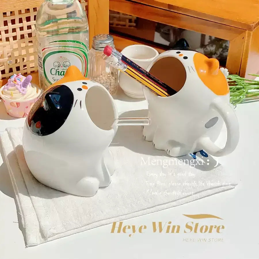 Cute Cat Mug, Cartoon Calico Cat Storage Rack, Desktop Pen Holder, Fun Gift Straw Cup, High-value Breakfast Milk Cup