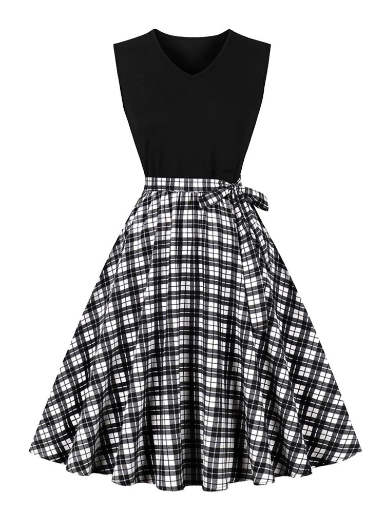 Retro Vintage Women's Summer Dress V-Neck Sleeveless High Waist Chic Floral Print with Belt 50s Style
