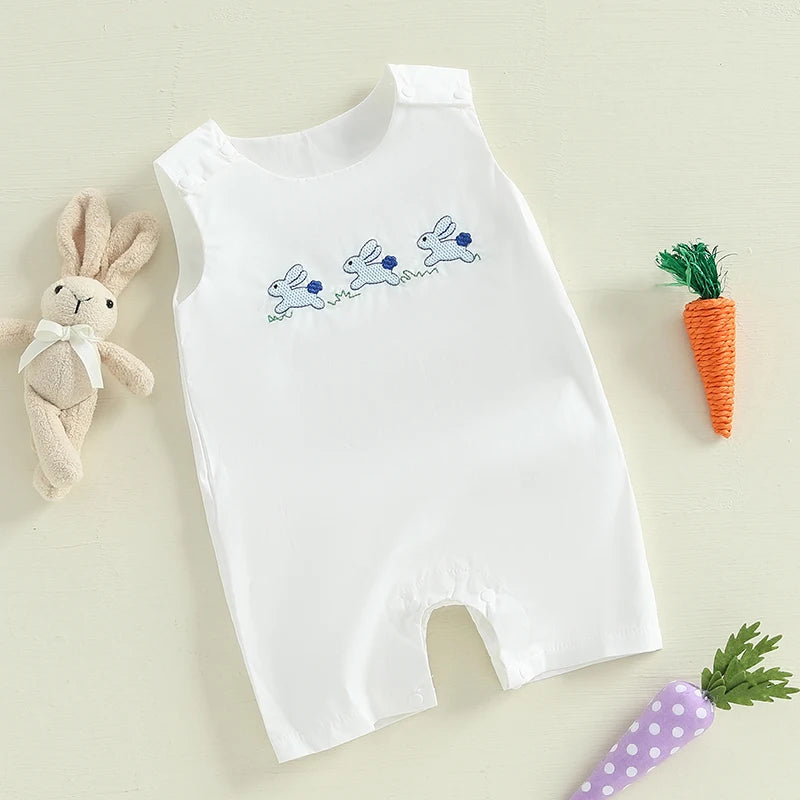 Infant Easter  Adorable Sleeveless Round Neck Rabbit Embroidered Loose Fit Romper Baby Jumpsuit Toddler Outfit for Spring