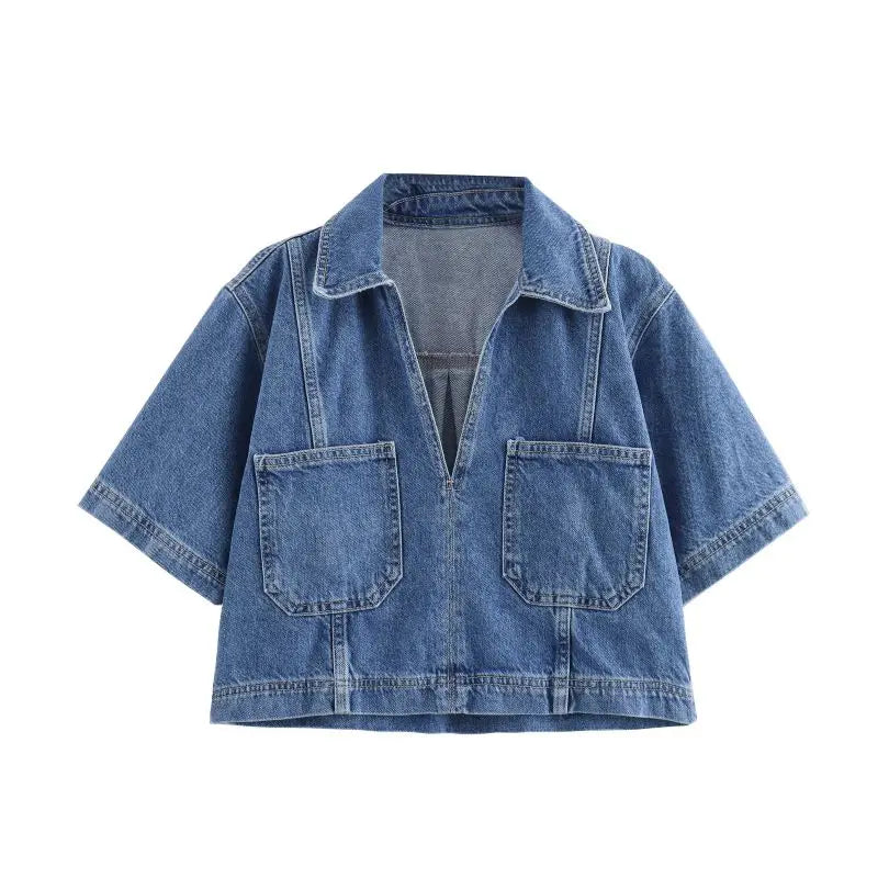 Summer New Women's Fashion Temperament Casual Versatile V-neck Short Denim Shirt Double Breasted Denim Skirt Suits Outfits