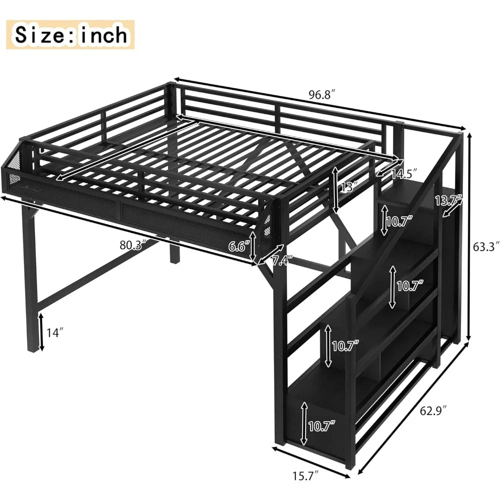 Queen Loft Bed with Storage Stairs, USB Ports & LED Lights - Black Woodgrain Metal Frame