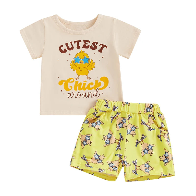 Baby Easter Outfit Bunny Print Short Sleeve Shirt and Shorts Set with Elastic Waistband for Comfort