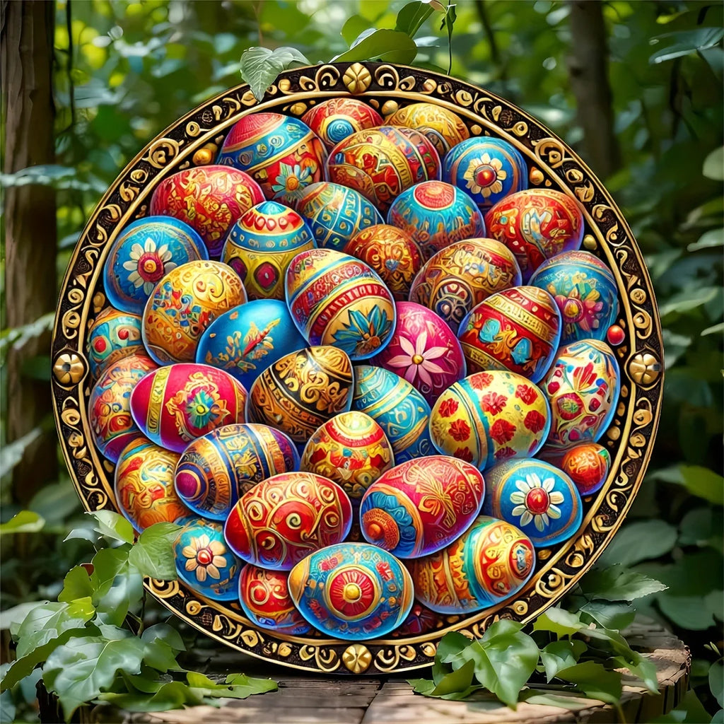Easter Egg Aluminum Foil Engraved Art Plate, Round Resin Wreath Decor, Metal Embossed Ornament for Home & Dorm - Pack of 1