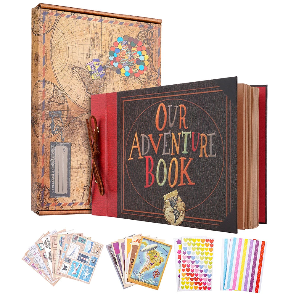 80 pages Our Adventure Book Scrapbook Photo Album 3d Retro Embossed Letter Hard Cover Friends Family Memo ry Book 11.9x7.6 Inch