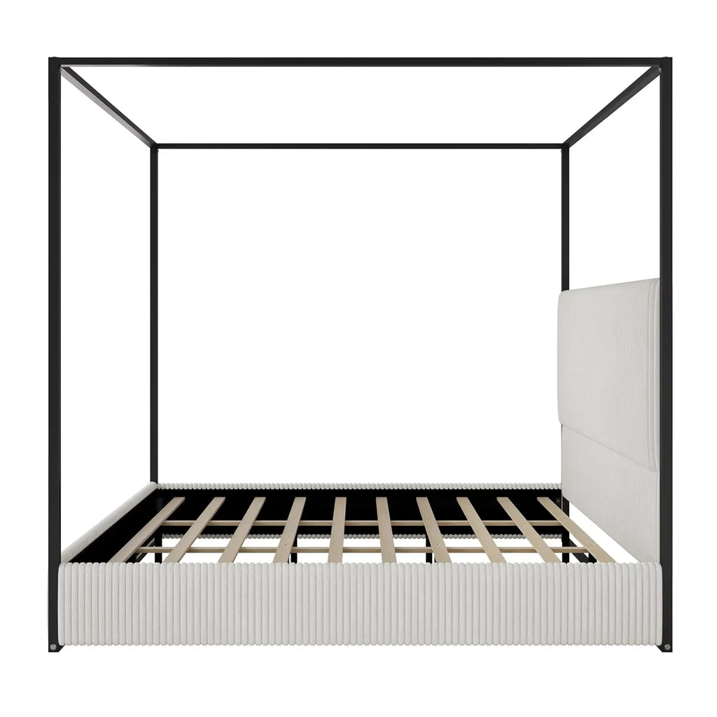 King Size Canopy Bed Frame, 4 Poster Metal Canopy Bed with Tall Upholstered Headboard, Corduroy Platform Bed, No Box Spring Need