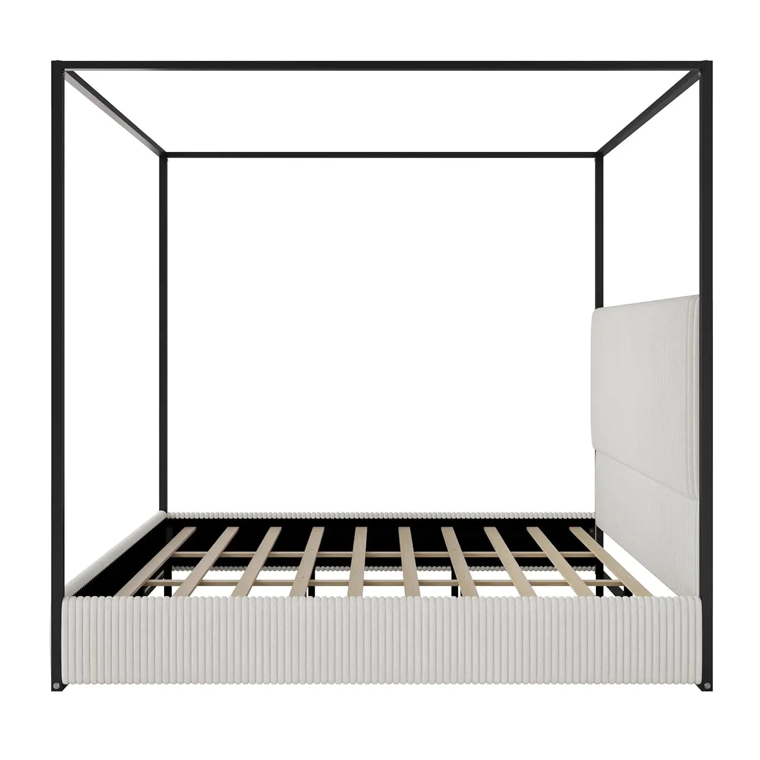 King Size Canopy Bed Frame, 4 Poster Metal Canopy Bed with Tall Upholstered Headboard, Corduroy Platform Bed, No Box Spring Need