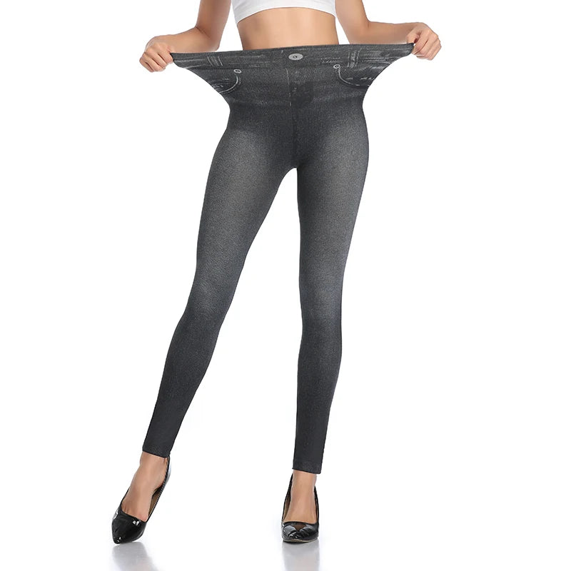 Push Up Seamless High Waist Faux Denim Leggings Women Casual Elastic Pocket Jeans Print Pants Skinny Pencil Leggins Mujer