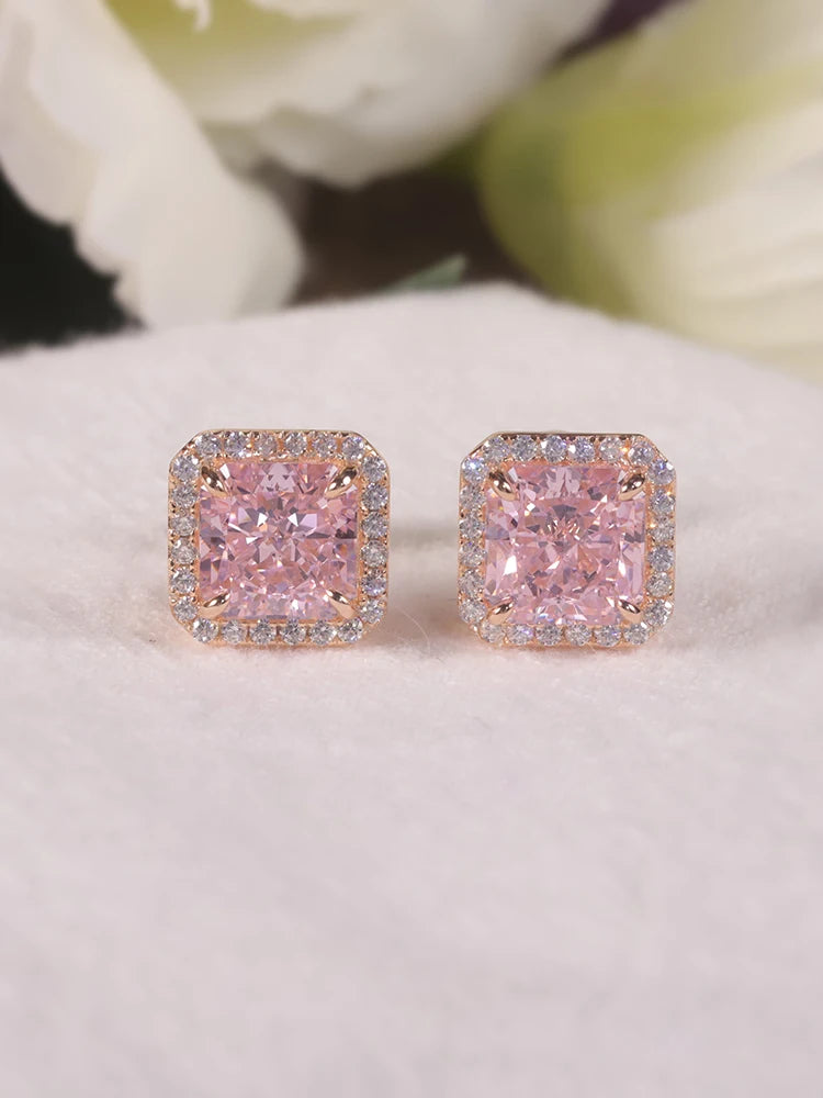 GEM'S BALLET 925 Sterling Silver Luxury Jewelry Women's Earrings Diamond-fire CZ- Diamond Pink  Halo Stud Earrings Gift For Her
