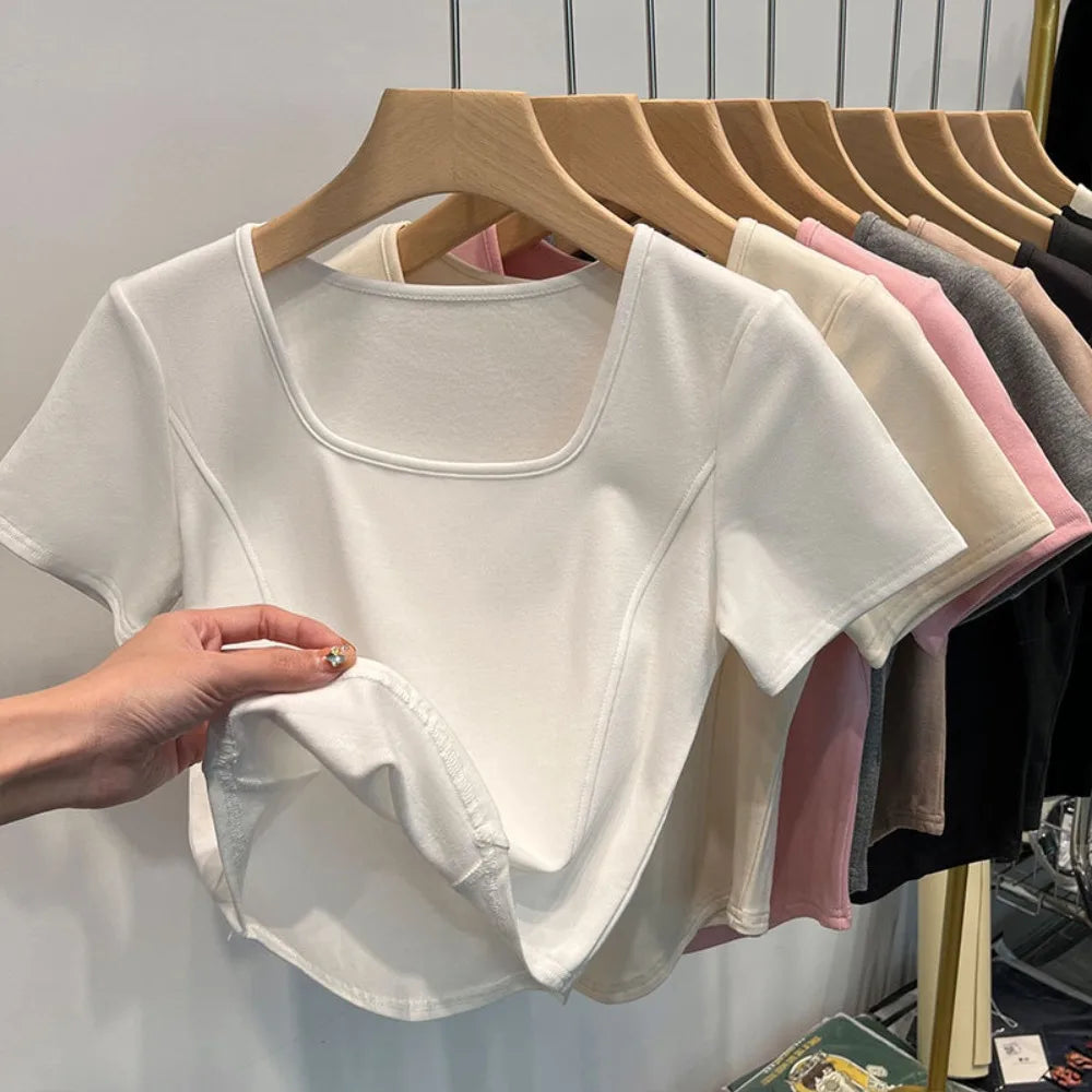 Fashion Summer Square Neck T-shirt Sweet Simplicity Slim Top Casual Trendy Short Top Female