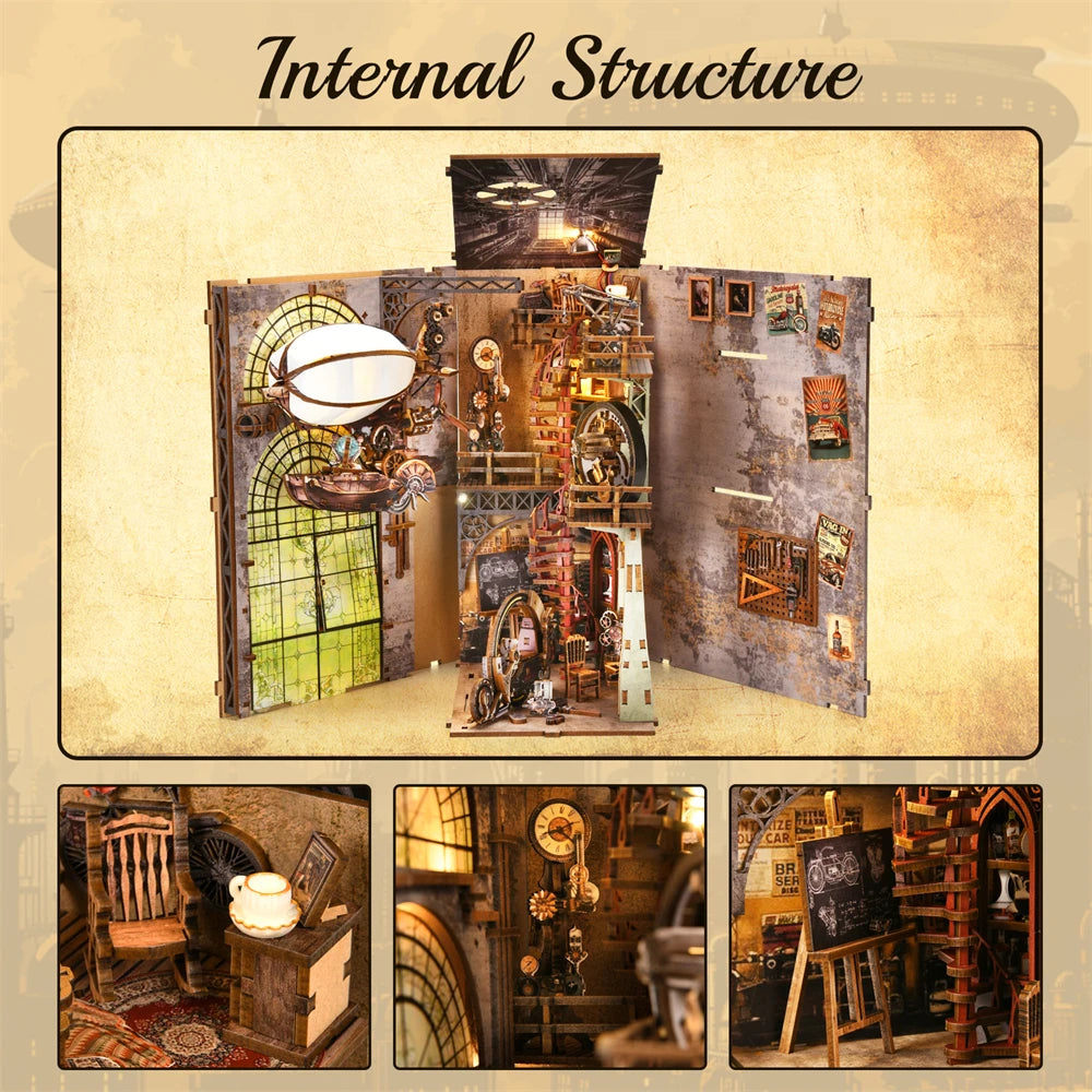 Book Nook Kit Maker's Workshop DIY Wooden Puzzle Balloon Studio Ship Bookshelf Dollhouse Model Bookend Building Home Deco
