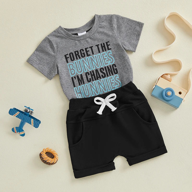 Cute Boys Easter Outfits with Letter Print Round Neck Short Sleeve T-Shirts and Elastic Waist Shorts - 2 Piece Clothing Set for