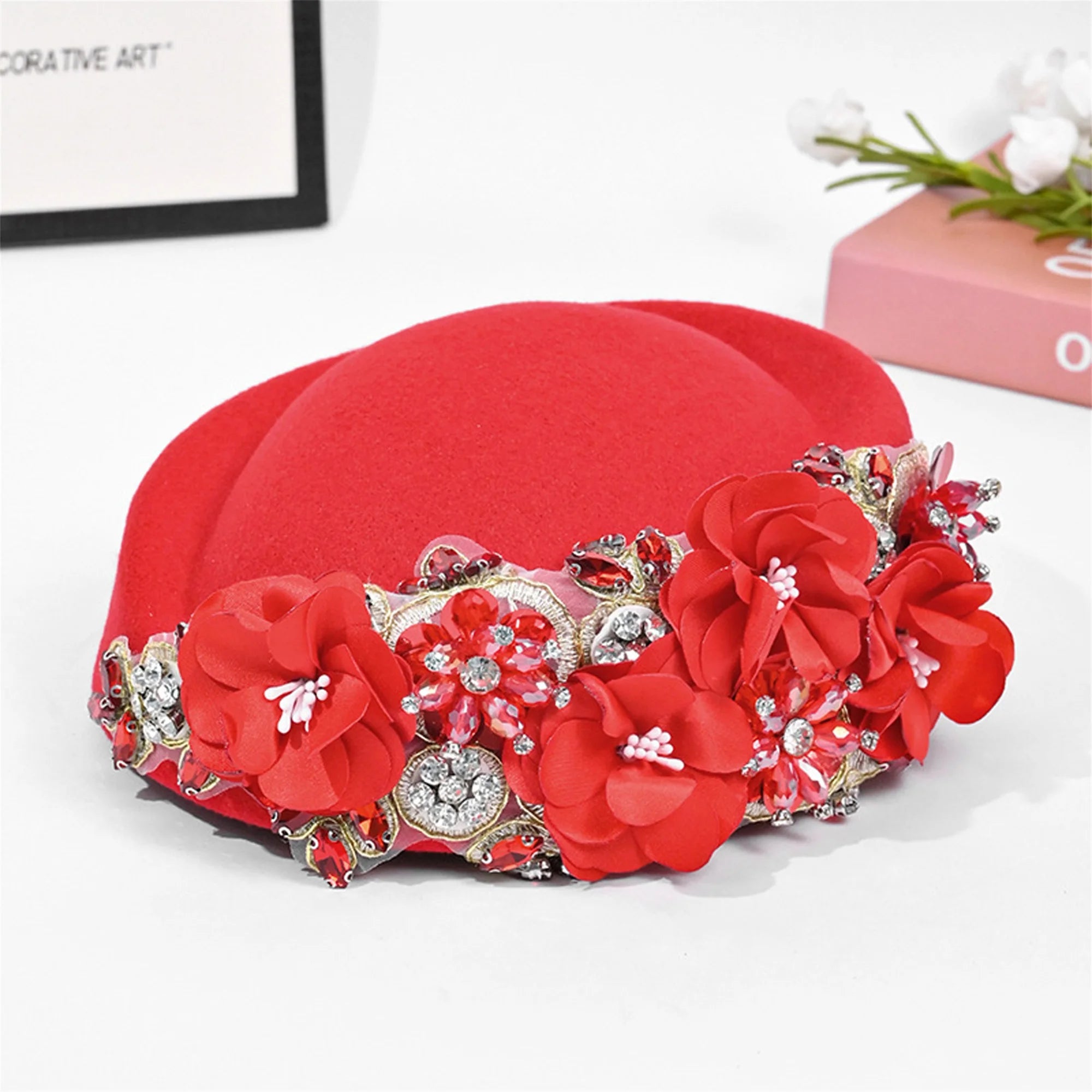 Vintage Style Wool Beret Hat with Pearl Embellishments Classic French Artist Hat for Women Elegant Tea Party Accessory