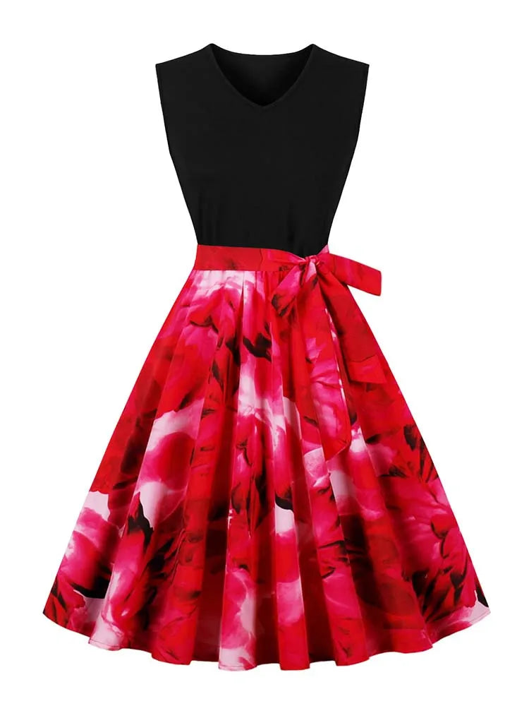 Retro Vintage Women's Summer Dress V-Neck Sleeveless High Waist Chic Floral Print with Belt 50s Style