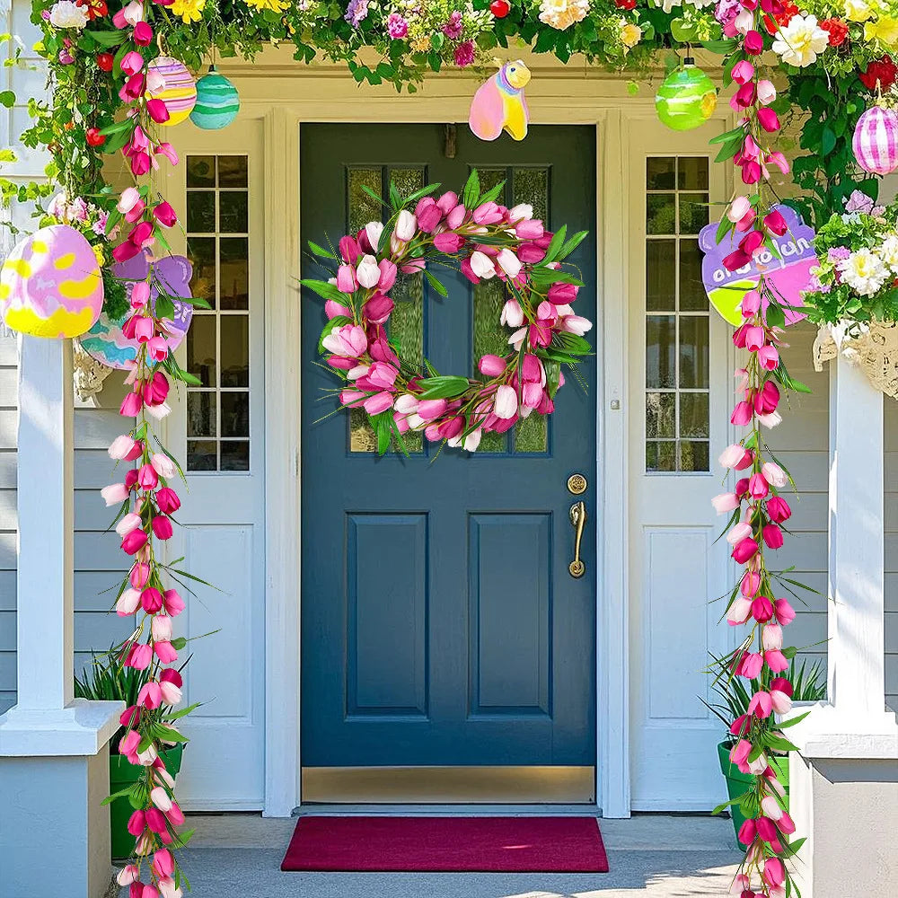 Easter Tulip Garland 6.5ft Artificial Spring Garland Easter Decorations Garland with Tulip Flower Green Leaves Hanging