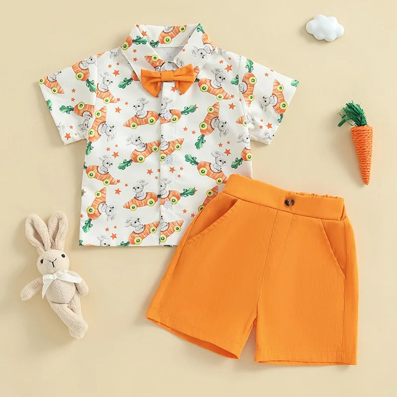 Toddler Boy Easter Outfit Bunny Rabbit Print Short Sleeve Button-up Shirt with Bowtie and Solid Shorts 2 Piece Set - Spring