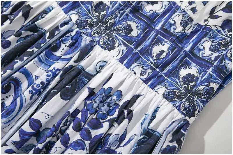 JAMERARY Summer Blue And White Porcelain Flower Printing Floral Long Dress Women Straps Zipper Elastic Backless Midi Vestidos