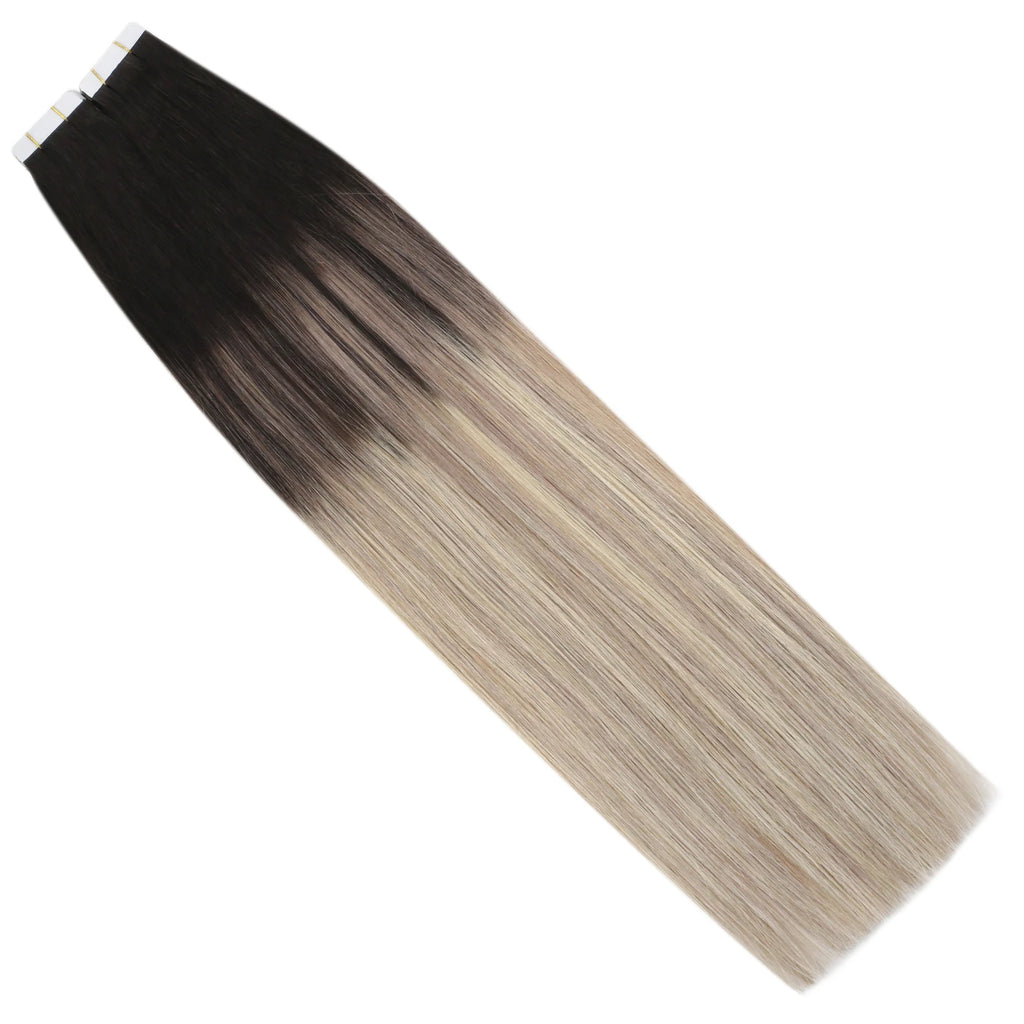Ugeat Tape in Hair Extensions Balayage Natural Black to Ash Blonde Tape in Hair Extensions Platinum Blonde Tape in Hair for Wome