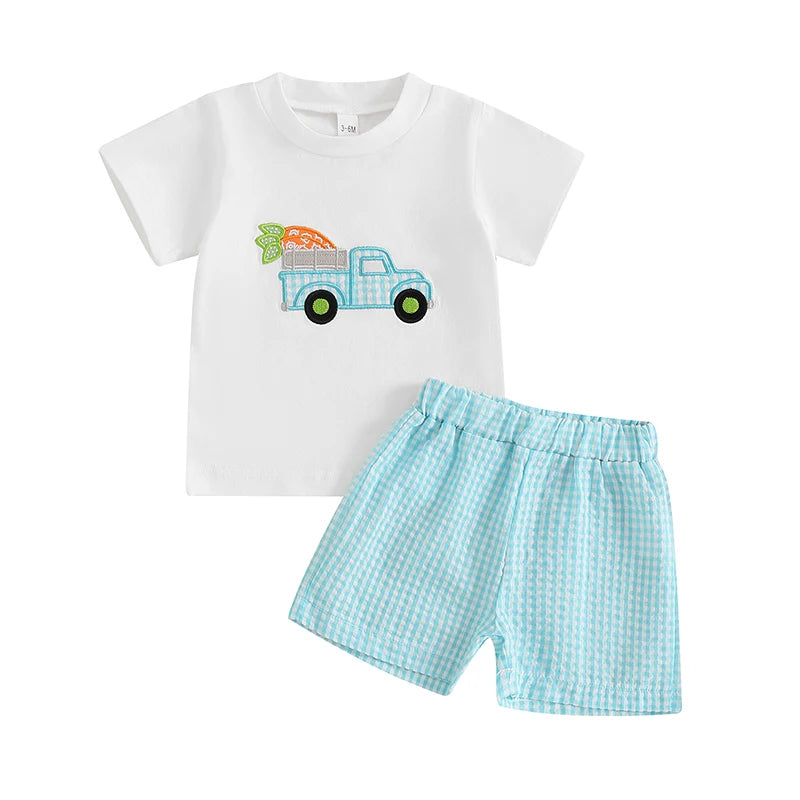 Toddler Boy Easter Bunny Carrot Print Short Sleeve T-shirt and Plaid Shorts Set for Spring Holiday Outfit