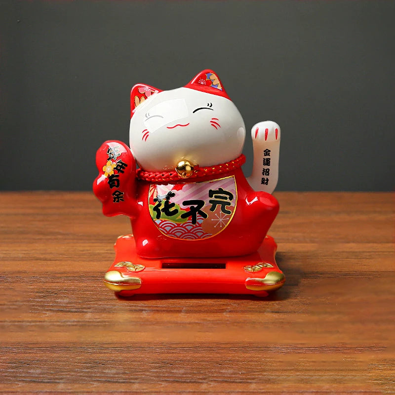 4.3 Inch Solar Powered Waving Ceramic Maneki-neko Lucky Beckoning Cat for Wealth Fortune, Home Office Decor, Gift for Prosperity