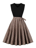 Retro Vintage Women's Summer Dress V-Neck Sleeveless High Waist Chic Floral Print with Belt 50s Style