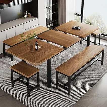 5-Piece Dining Table Set for 4-8 People, Extendable Kitchen Table Set with 2 Benches and 2 Square Stools, Mid-Century