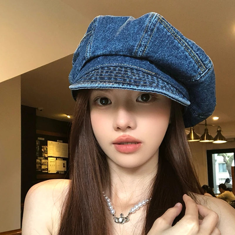 Japanese Retro Denim Cloud Berets Cap for Women Spring and Summer Casual Versatile Simple Literary Style Octagonal Newsboy Hat