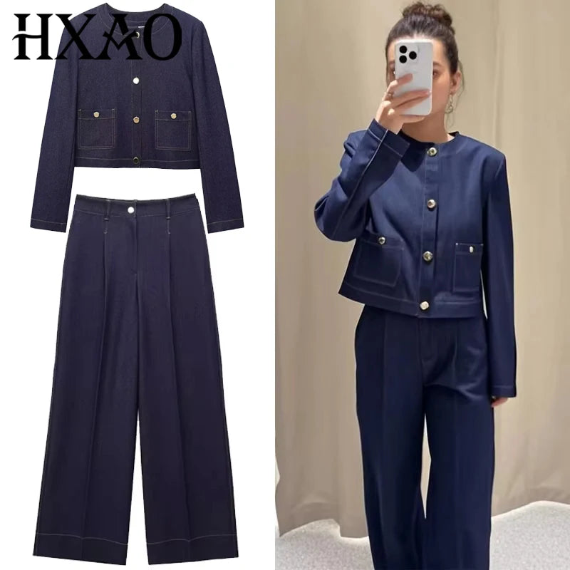 HXAO Woman 2025 Denim Pant Sets Women's Two Pieces Set Elegant Crop O-Neck Coat Suit Set 2 Piece Woman High Waist Trousers Sets