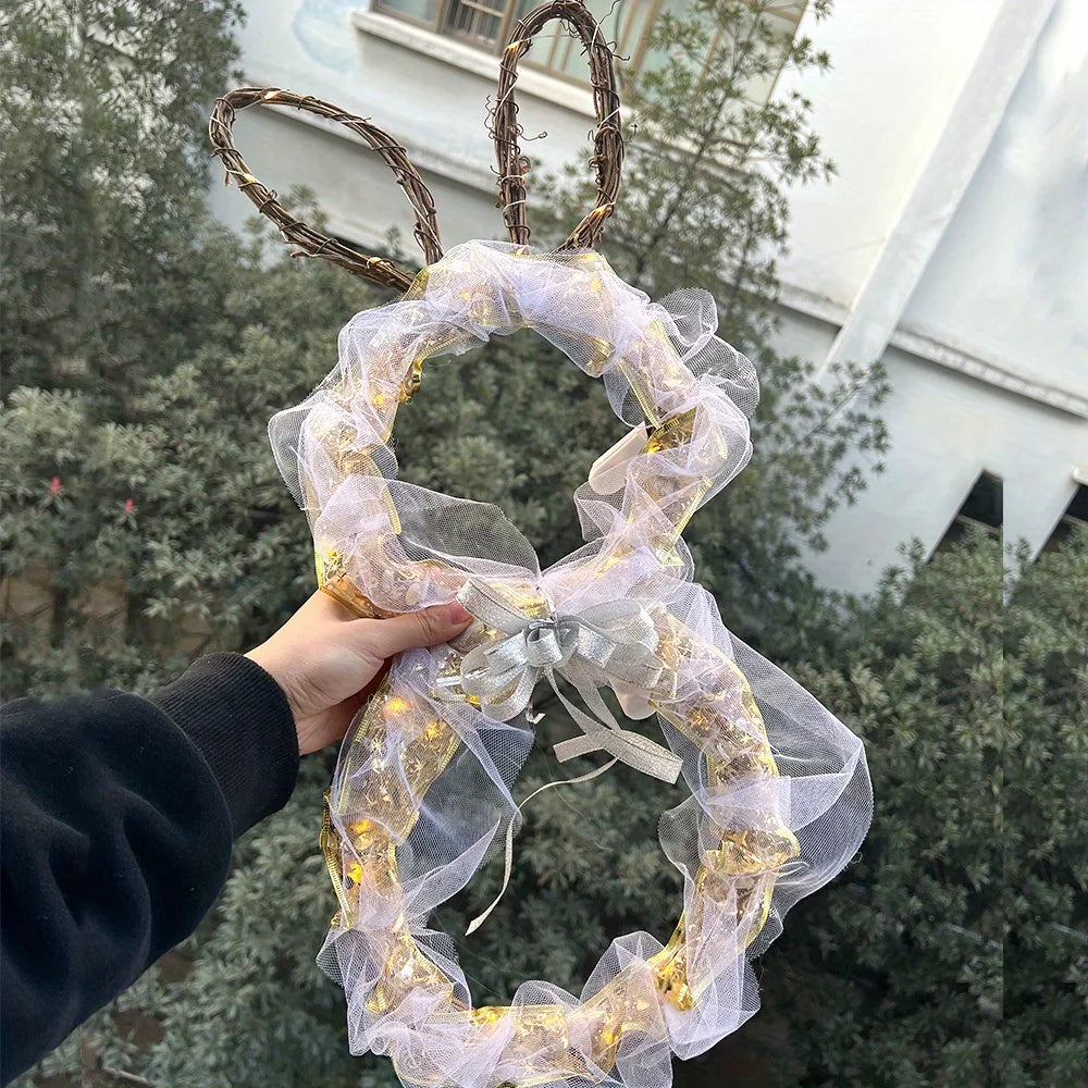 23.6in Large Easter Bunny Wreath with Led Lights, Battery-Powered, Foldable, Glowing Rabbit Wreath Pendant for Easter