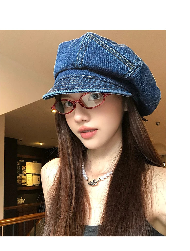 Japanese Retro Denim Cloud Berets Cap for Women Spring and Summer Casual Versatile Simple Literary Style Octagonal Newsboy Hat