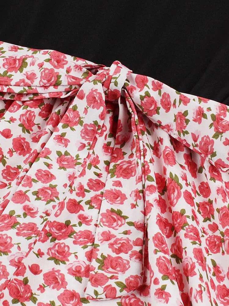 Retro Vintage Women's Summer Dress V-Neck Sleeveless High Waist Chic Floral Print with Belt 50s Style