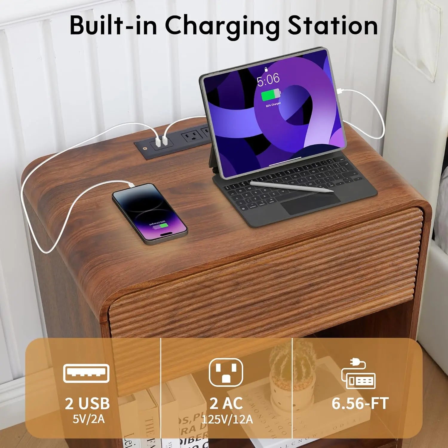 Fluted Nightstand Set of 2 with Charging Station, Modern Bed Side Table End Table with Drawer Storage, Large Wooden, Customized