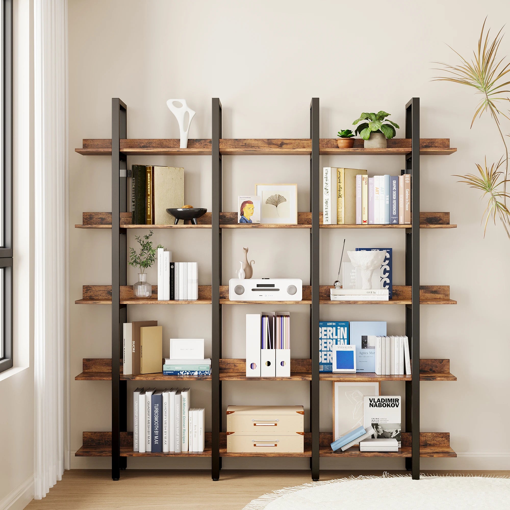 IRONCK Bookcase and Bookshelves Triple Wide 5 Tiers Large Open Shelves, Etagere Bookcases with Back Fence for Home Office Brown