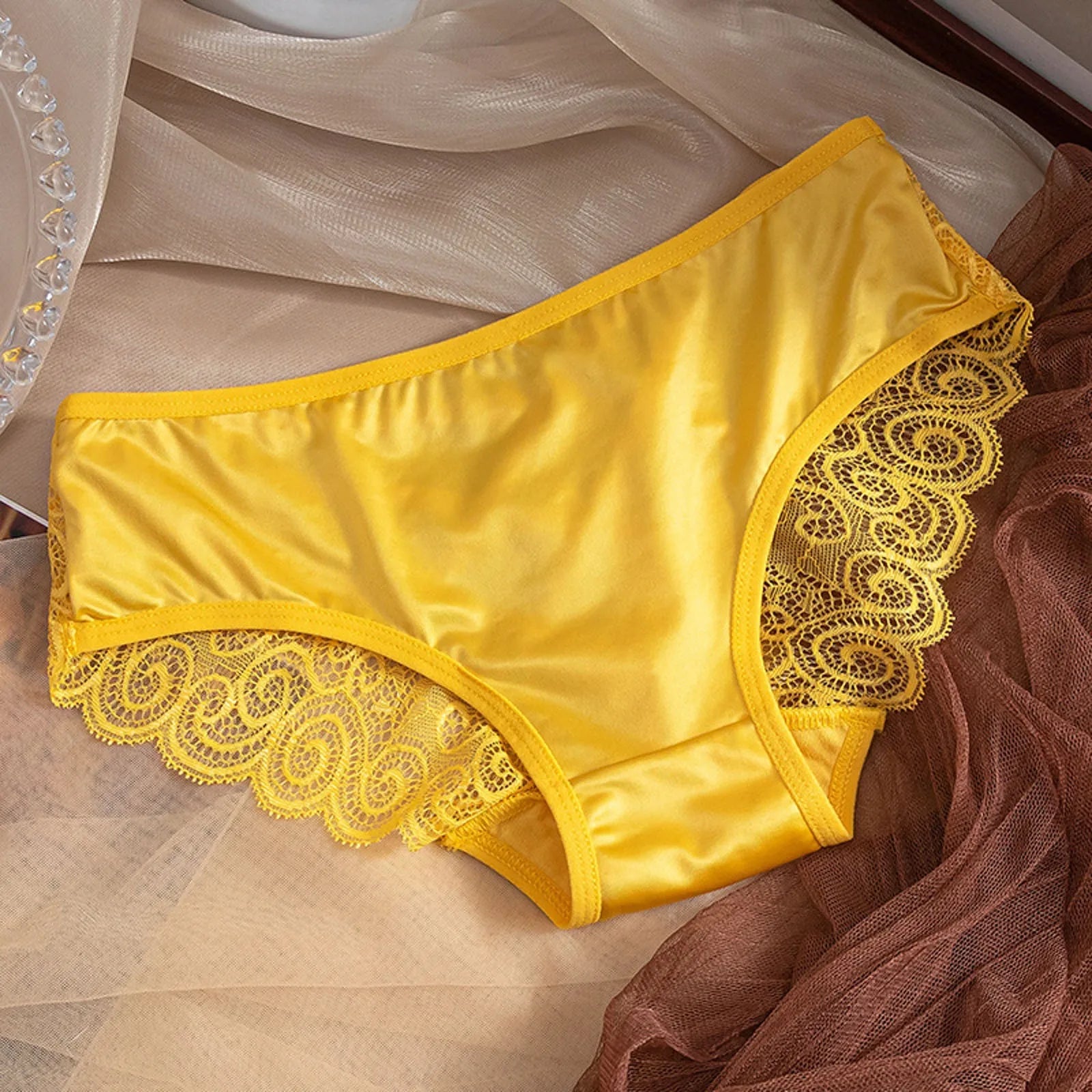 Yellow Women's Panties Silk Satin Underwear Lace Sexy Lingerie Breathable Mid Waist Female Briefs Comfortable Panty Underpants