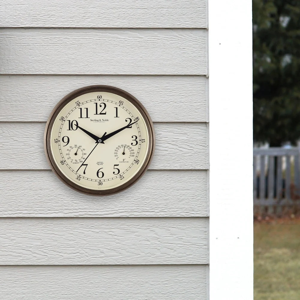 8.75 Inch Antique Bronze Indoor Outdoor Wall Clock with Thermometer Hygrometer Lightweight Durable Quartz Movement Analog Clock