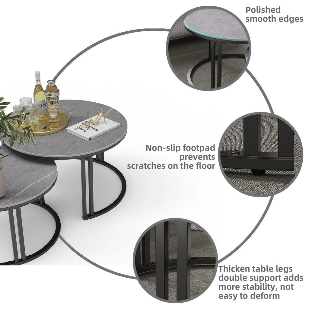 Circle Nesting Coffee Table Set of 2, Modern Chic Round Nested Center Coffee Table with Sinter Stone-top Stacked Sofa Side Table