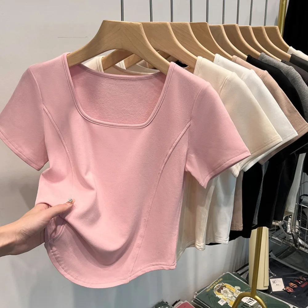 Fashion Summer Square Neck T-shirt Sweet Simplicity Slim Top Casual Trendy Short Top Female