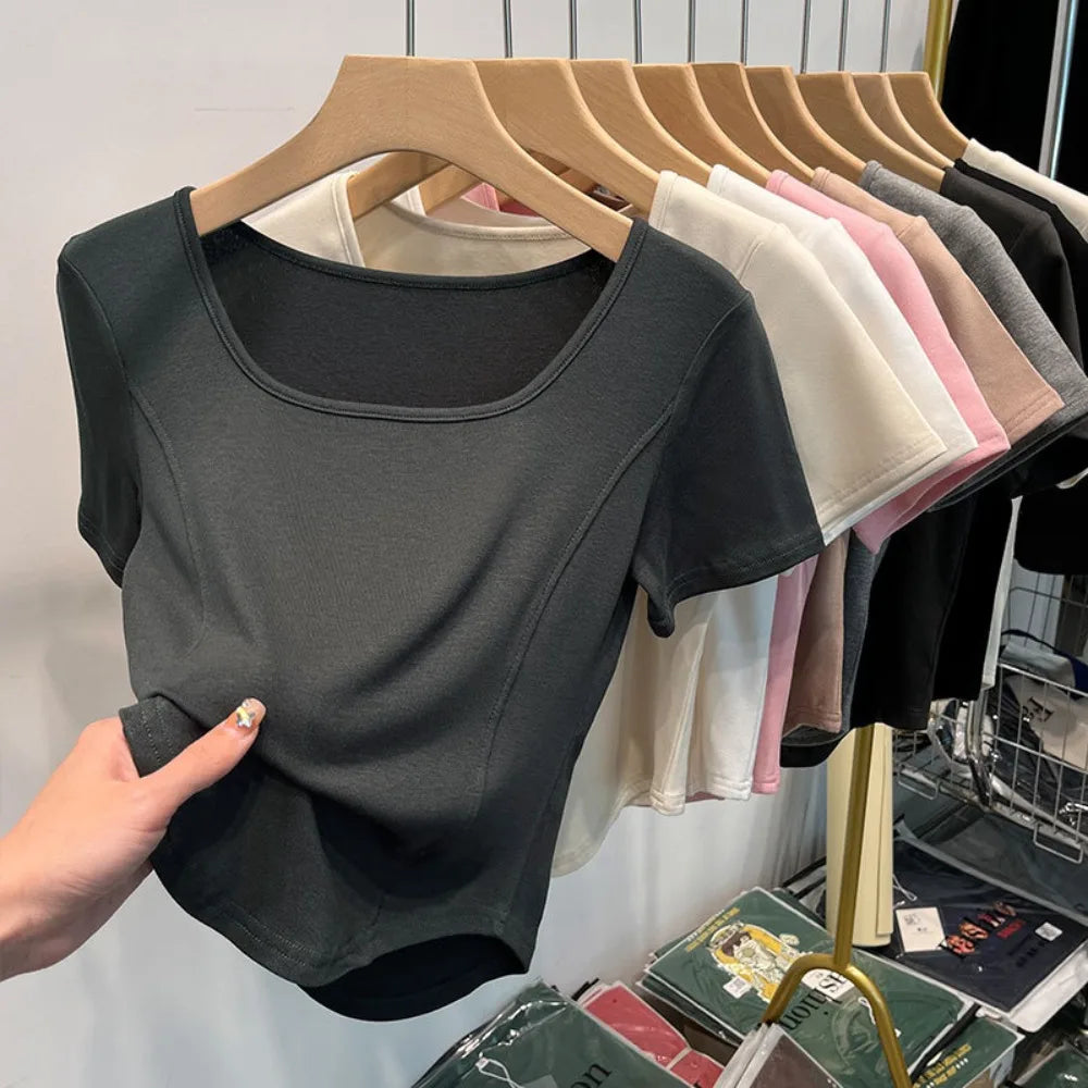 Fashion Summer Square Neck T-shirt Sweet Simplicity Slim Top Casual Trendy Short Top Female