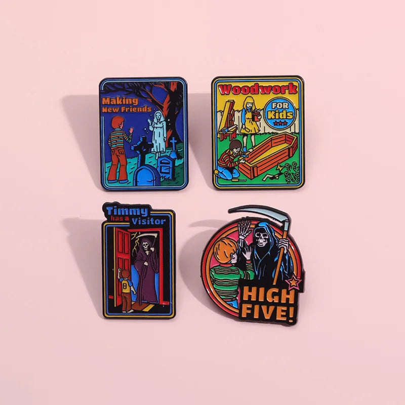 Halloween Bride Couple Badge Scythe Ghost Couch Clown Snake Grave Enamel Brooch Punk Skull Lapel Pins Jewelry Gift Accessories