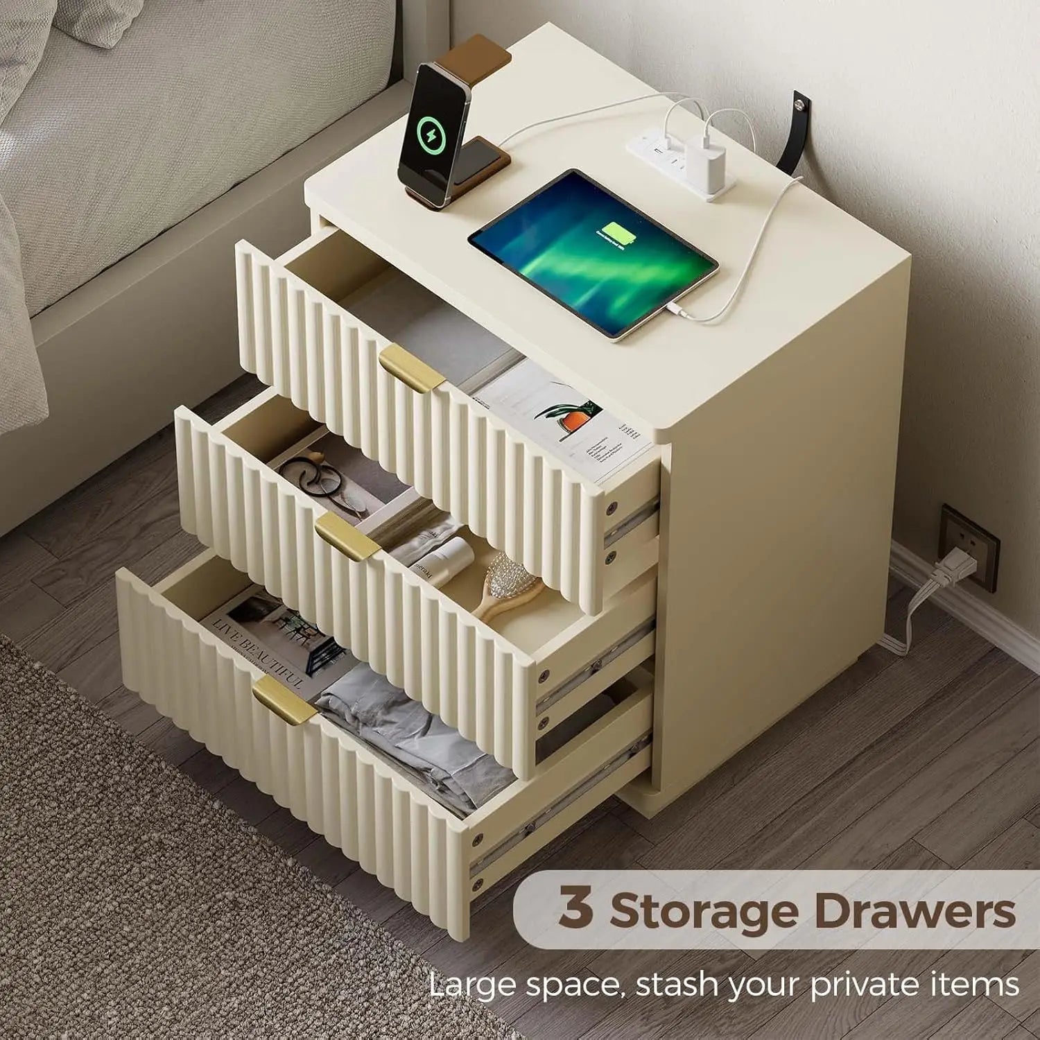 Nightstands Set of 2, Fluted Nightstand with Charging Station and 3 Drawer Storage, Large Modern Bedside Table,, Customized