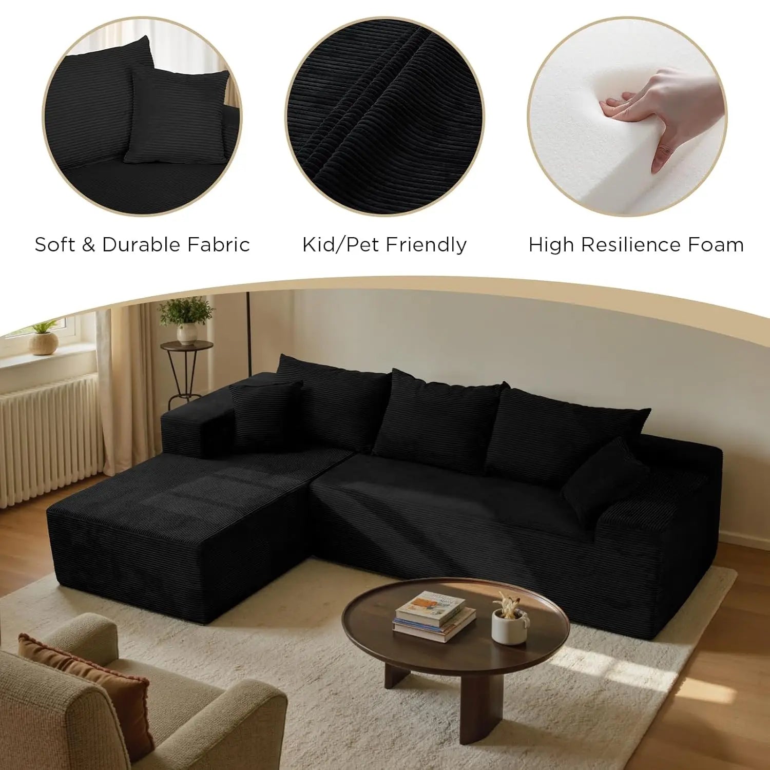 L-Shape Sectional Sofa with Chaise Deep Seat Modular Box Living Room No Assembly Customized