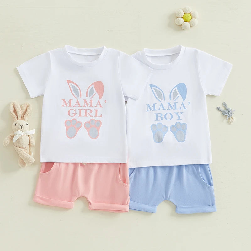 Easter Bunny Romper Set with Rabbit Print Short Sleeve Round Neck Bodysuit and Elastic Waistband Shorts for Infant Boys and